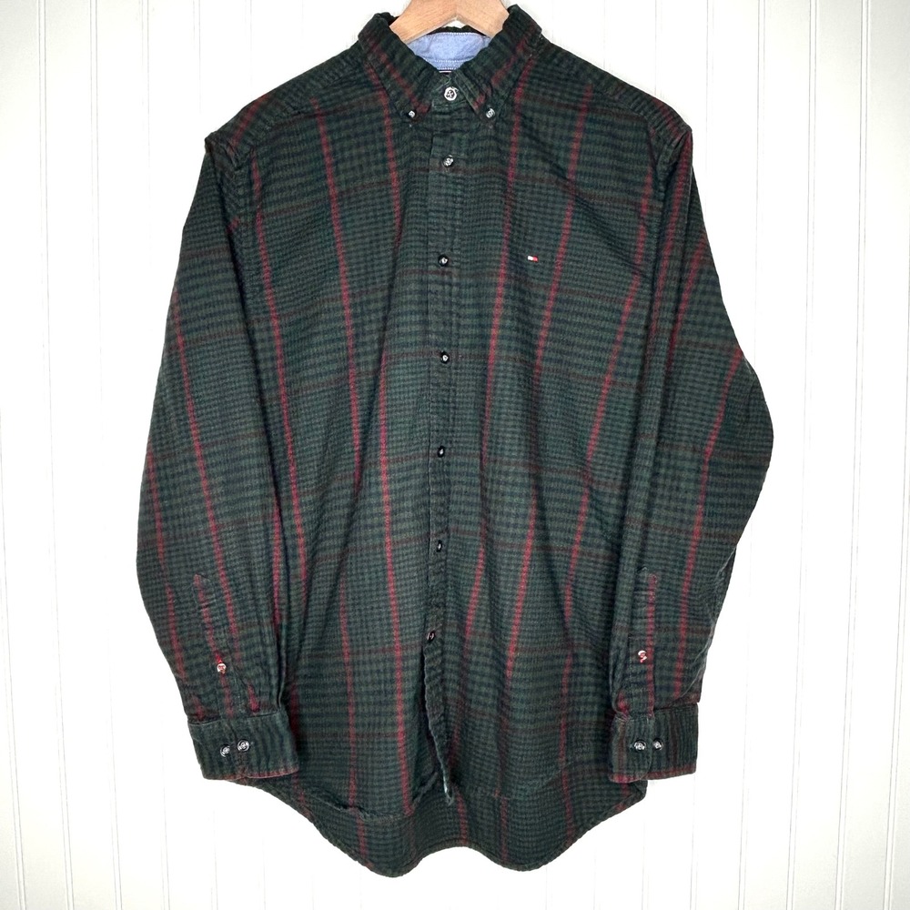 Tommy Hilfiger Men Flannel Shirt L Green Plaid Classic Fit Stretch Button Down